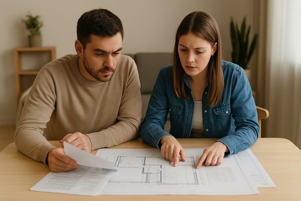 Pareja joven revisando planos y presupuesto sobre una mesa, analizando cómo priorizar las estancias a reformar en su vivienda con un enfoque organizado y realista.