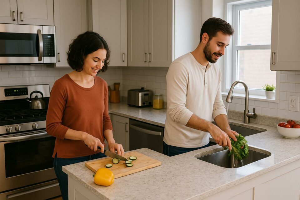 Pareja cocinando en una cocina compacta con distribución en U en cocinas, mostrando el flujo de trabajo corto entre encimera, fregadero y zona de cocción.