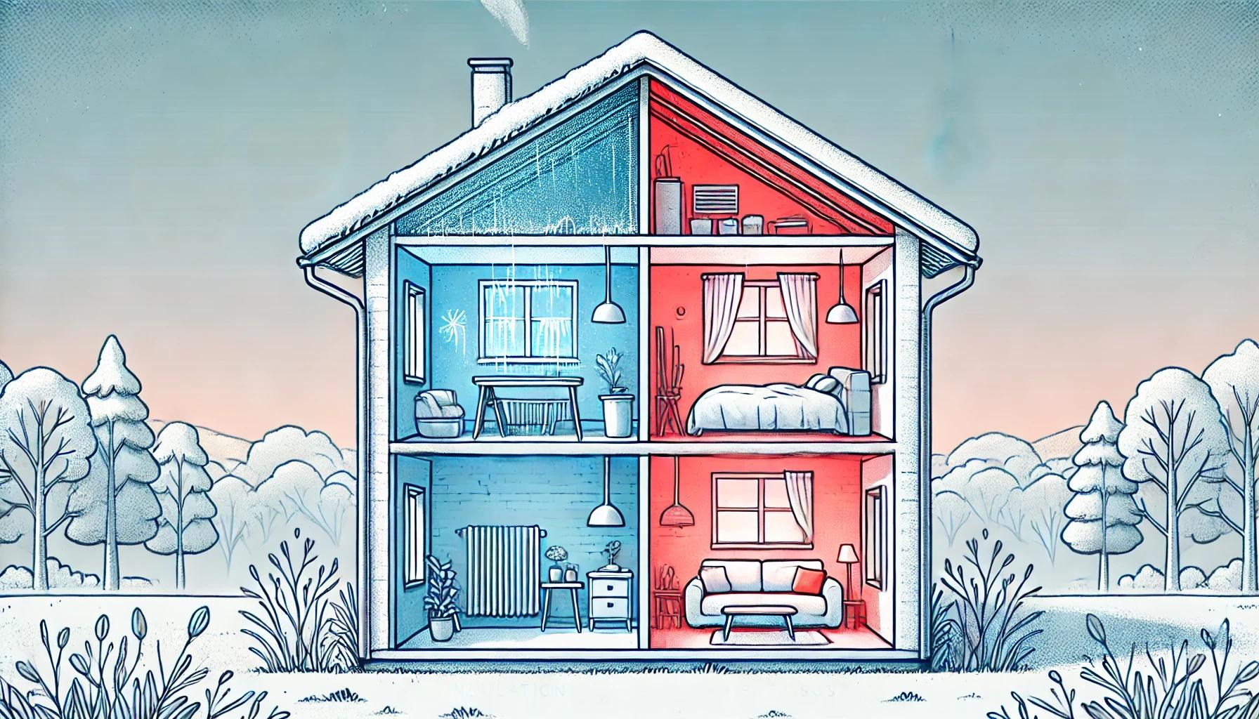 Ilustración de una casa dividida en dos zonas térmicas: una parte azul fría y otra roja cálida, destacando la importancia del aislamiento en el hogar. Un buen aislamiento permite mantener la temperatura interior estable, reduciendo el consumo energético y mejorando el confort.