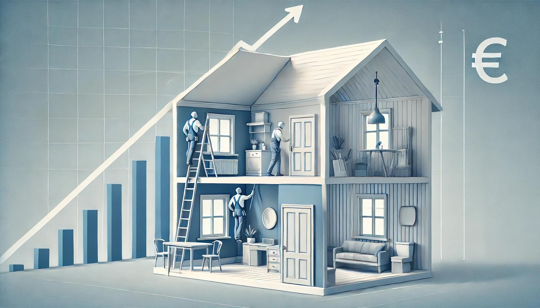 Ilustración de una casa en proceso de renovación con gráficos de crecimiento y símbolo del euro, representando estrategias para aumentar el valor de tu vivienda.