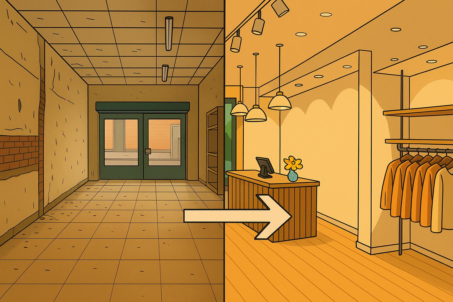 Ilustración tipo cartoon del antes y después de reformar un local comercial, mostrando la transformación de un espacio deteriorado en una tienda moderna y atractiva.