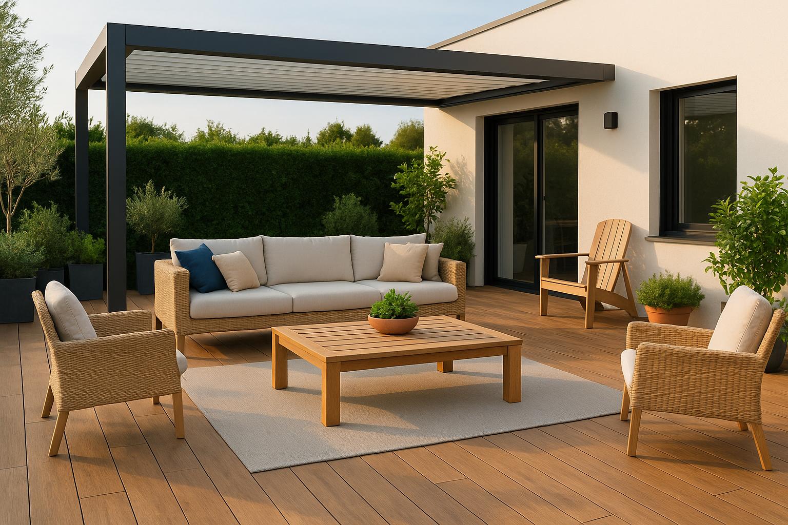 Terraza moderna y reformada con muebles cómodos, vegetación y pérgola, ideal para inspirar ideas para reformar tu terraza.