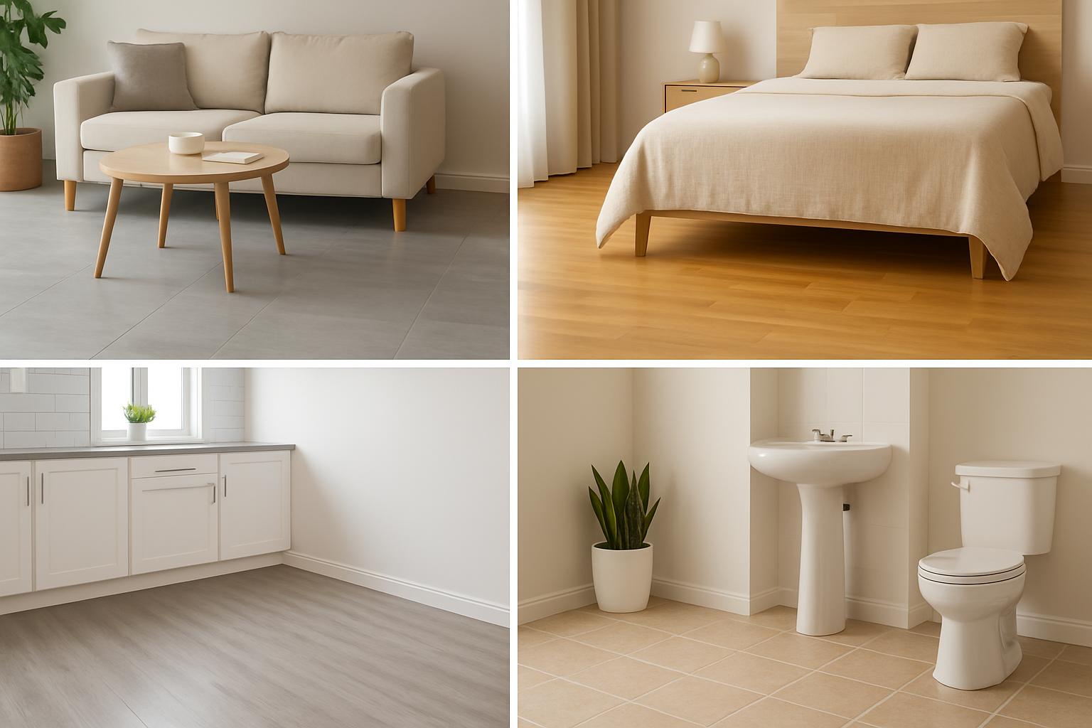 Collage de estancias del hogar con diferentes tipos de suelo: cerámica en salón, madera en dormitorio, vinilo en cocina y gres en baño, para ilustrar cómo elegir el suelo más adecuado según el uso de la vivienda.