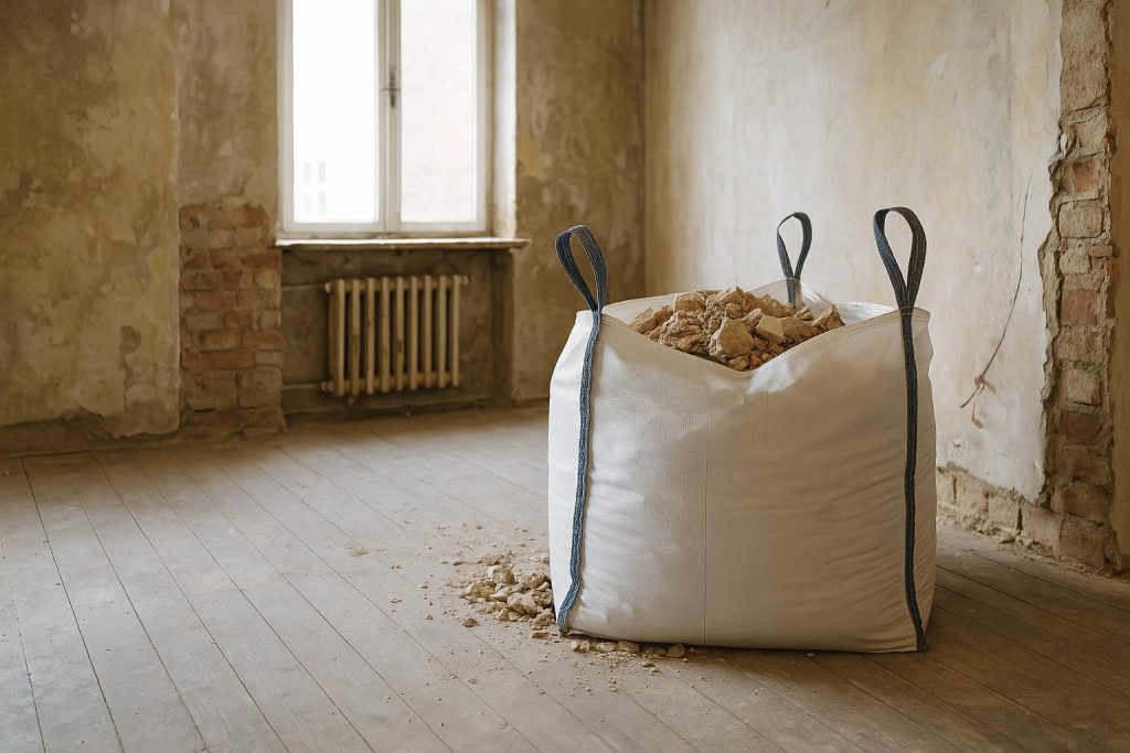 Saco de escombros en el interior de una vivienda en reforma, ejemplo real de cómo gestionar los residuos de obra de forma adecuada.