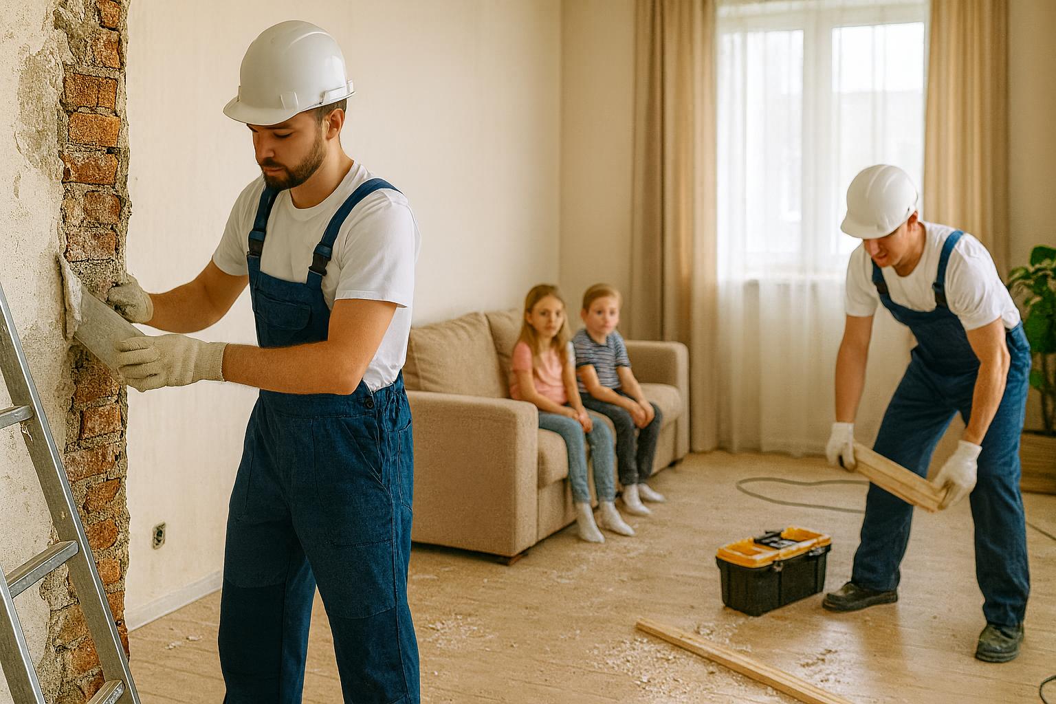 Escena doméstica que muestra a obreros trabajando mientras dos niños permanecen seguros al fondo, ideal para ilustrar cómo reformar con niños en casa de forma segura y organizada.