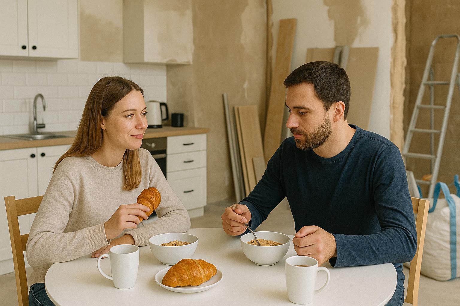 Pareja desayunando en una cocina parcialmente reformada, ejemplo realista de cómo vivir en casa durante una reforma manteniendo una zona funcional y ordenada.