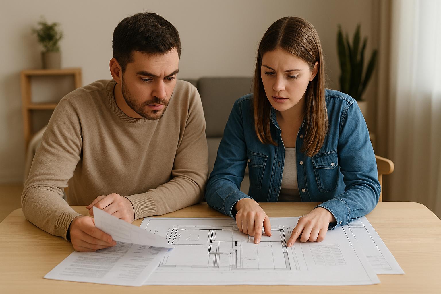 Pareja joven revisando planos y presupuesto sobre una mesa, analizando cómo priorizar las estancias a reformar en su vivienda con un enfoque organizado y realista.