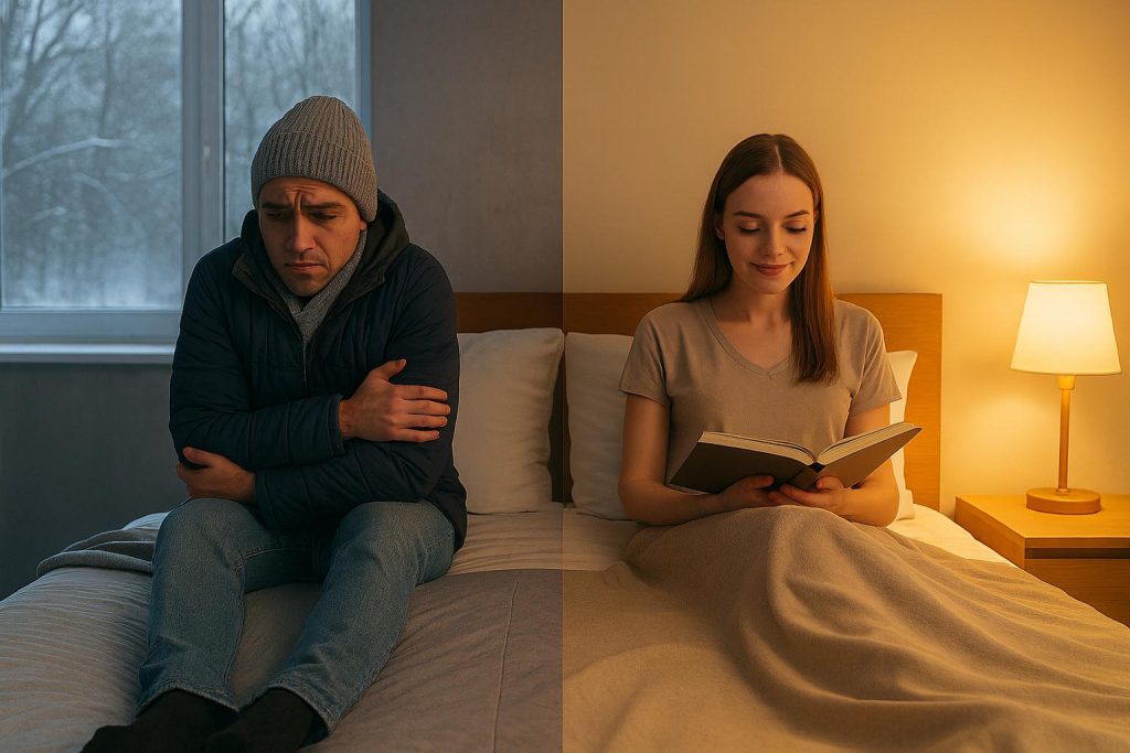 Comparativa visual de una habitación con aislamiento de paredes: a la izquierda, un espacio mal aislado con frío y ruido; a la derecha, una estancia cálida y silenciosa gracias a un buen aislamiento.