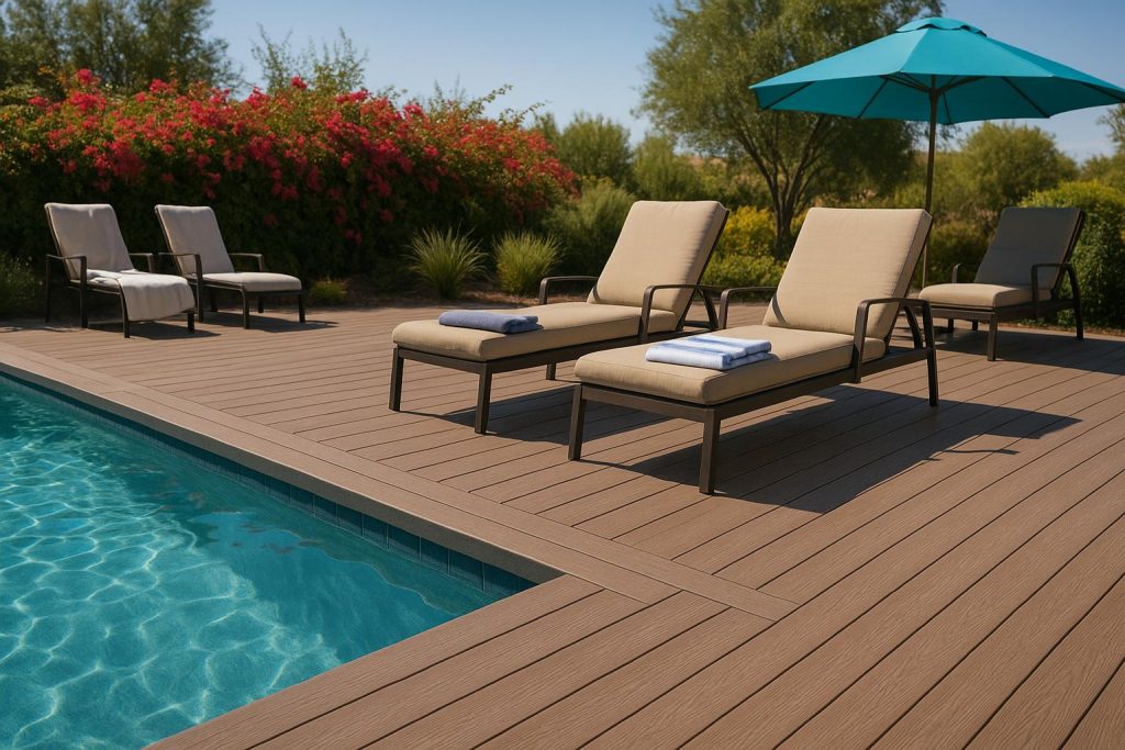 Piscina familiar con suelo composite exterior encapsulado antideslizante, rodeada de tumbonas y toallas, ideal para climas húmedos y uso exterior intensivo