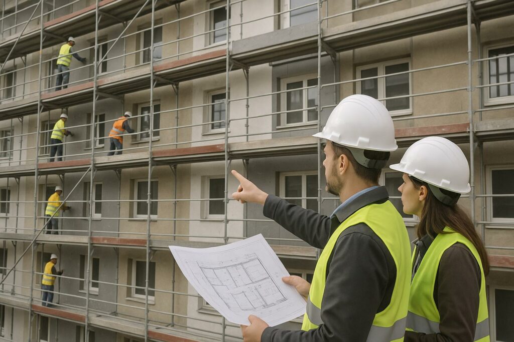 Técnicos revisando planos frente a una fachada con andamios y operarios trabajando, en una intervención de rehabilitación energética de edificios.