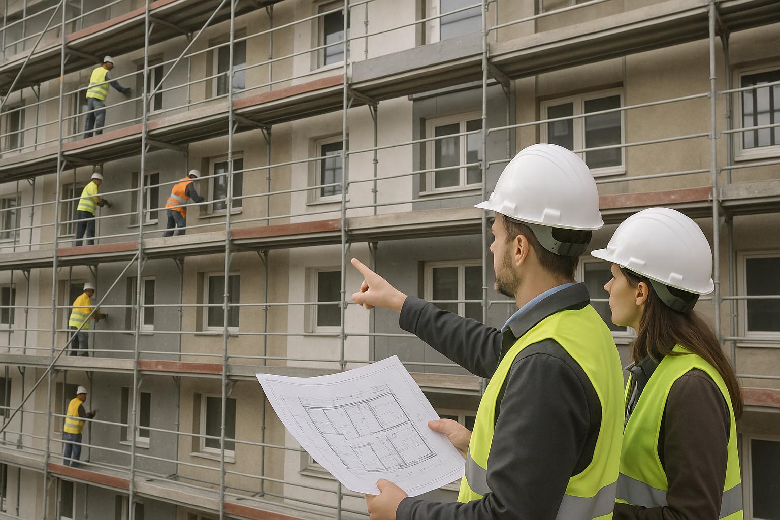 Técnicos revisando planos frente a una fachada con andamios y operarios trabajando, en una intervención de rehabilitación energética de edificios.