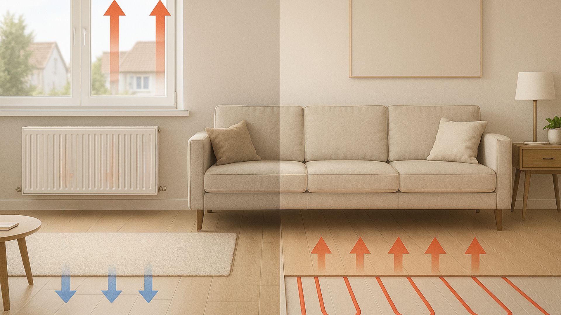 Ilustración comparativa que muestra cómo se distribuye el calor con suelo radiante o radiadores en un salón moderno, con flechas que explican el movimiento del aire en cada sistema.