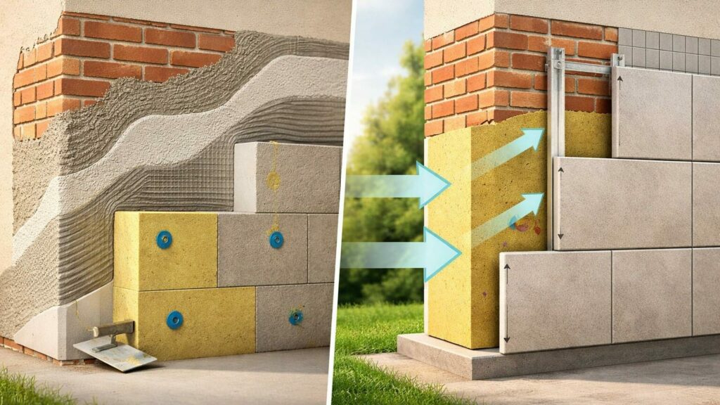 Imagen comparativa para mostrar las diferencias entre SATE y fachada ventilada