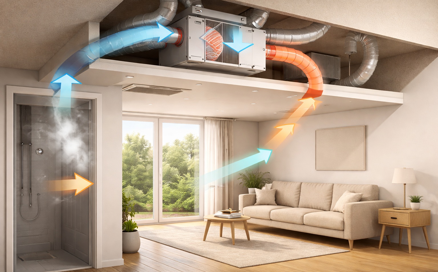 Esquema ilustrativo de cómo funciona la ventilación mecánica controlada en viviendas