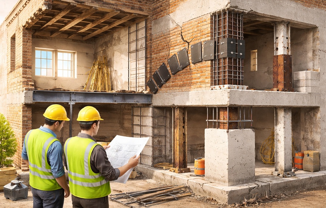Dos hombres en una obra revisando refuerzos estructurales en edificios antiguos