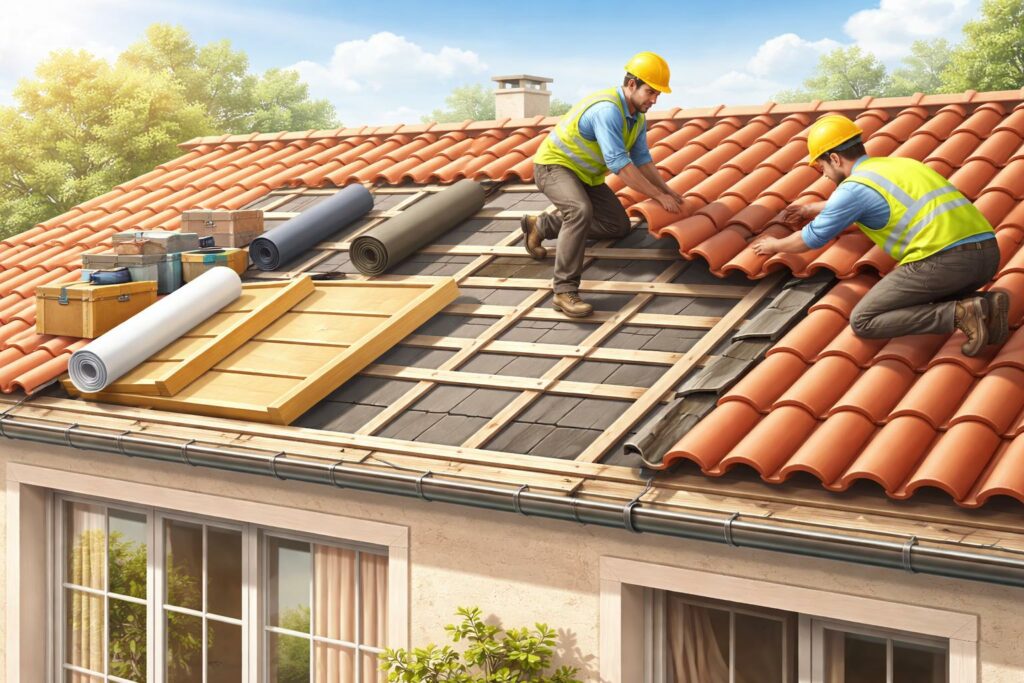 Trabajadores en un tejado realizando una rehabilitación de cubiertas.