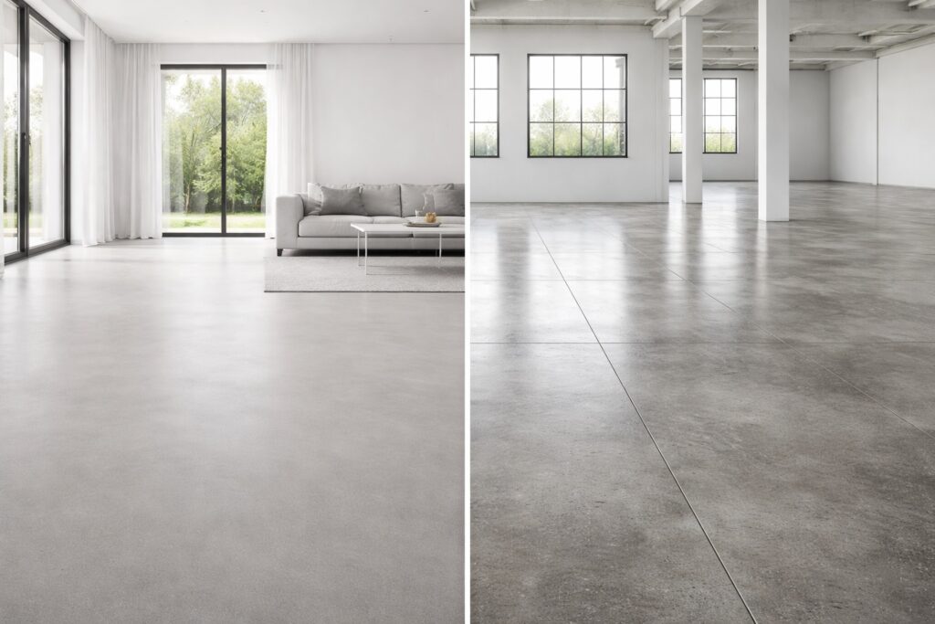 Comparativa visual de microcemento vs cemento pulido en imagen dividida: salón moderno con suelo continuo sin juntas frente a espacio industrial con suelo de cemento pulido y juntas visibles.
