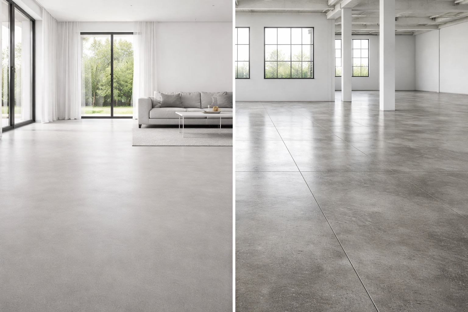 Comparativa visual de microcemento vs cemento pulido en imagen dividida: salón moderno con suelo continuo sin juntas frente a espacio industrial con suelo de cemento pulido y juntas visibles.
