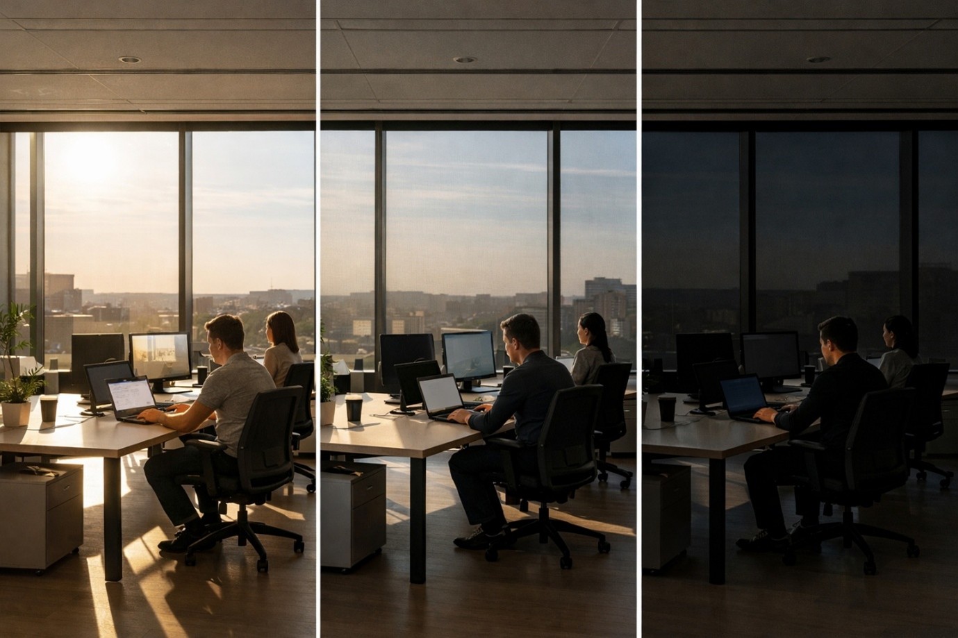 Comparativa en oficina con ventanas inteligentes con control solar en tres niveles de activación: vidrio claro, intermedio y oscurecido.