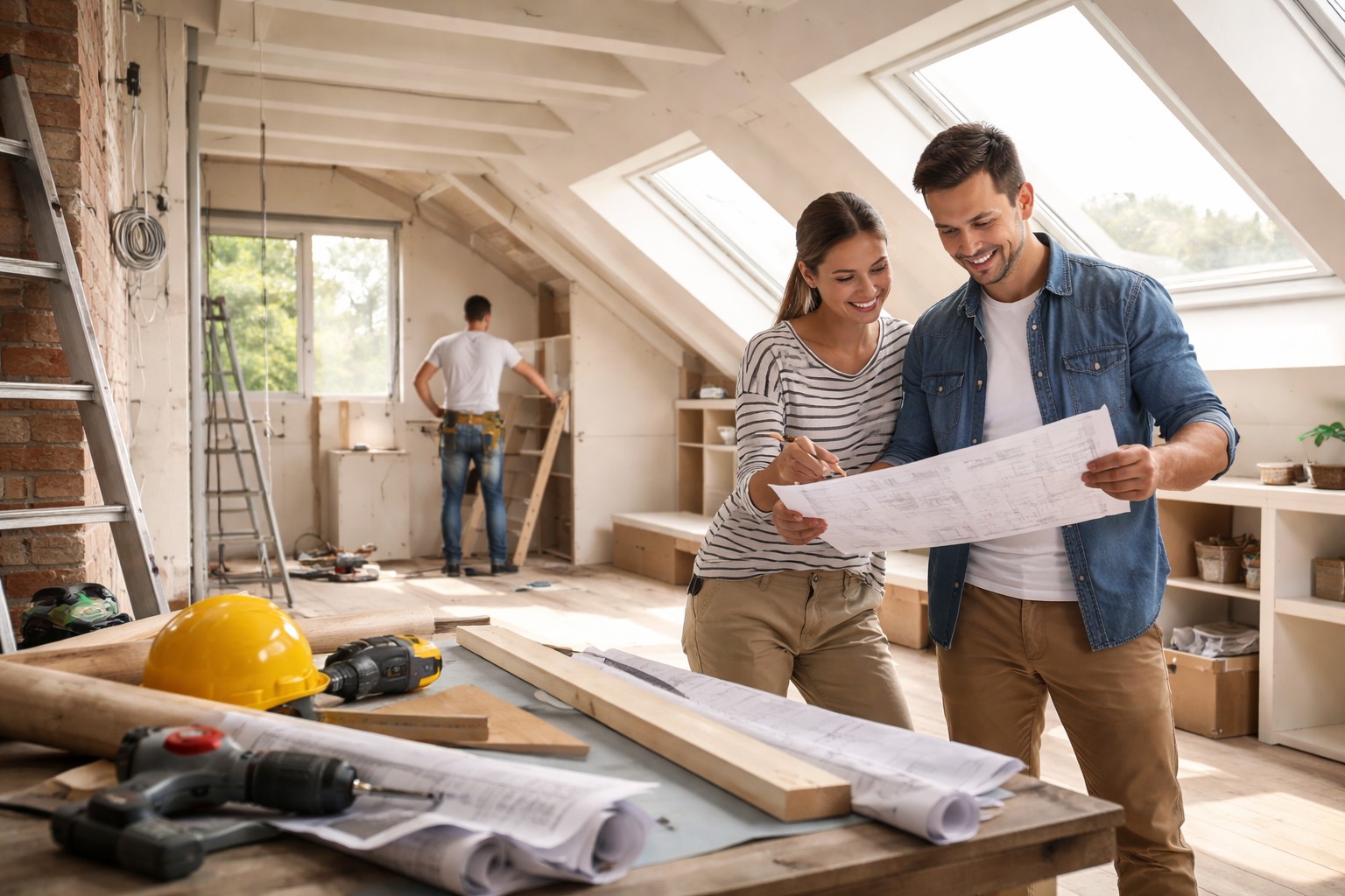 pareja viendo los planos de las reformas en áticos con trabajador de fondo