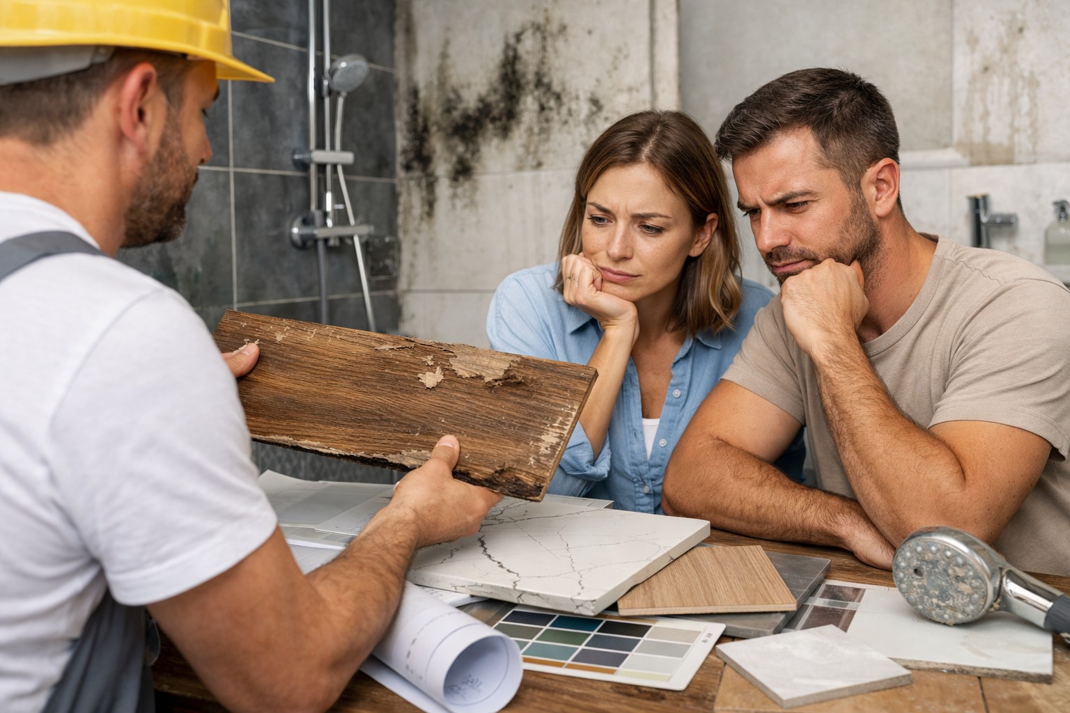 pareja revisando materiales dañados junto a un profesional durante la planificación de una reforma de baño