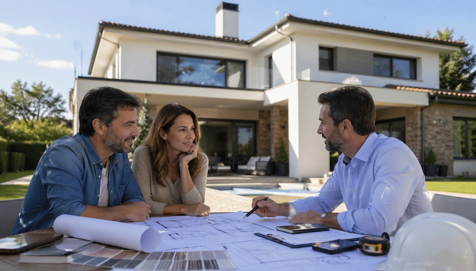 Reforma de chalet unifamiliar con arquitecto asesorando a una pareja en el jardín frente a una vivienda