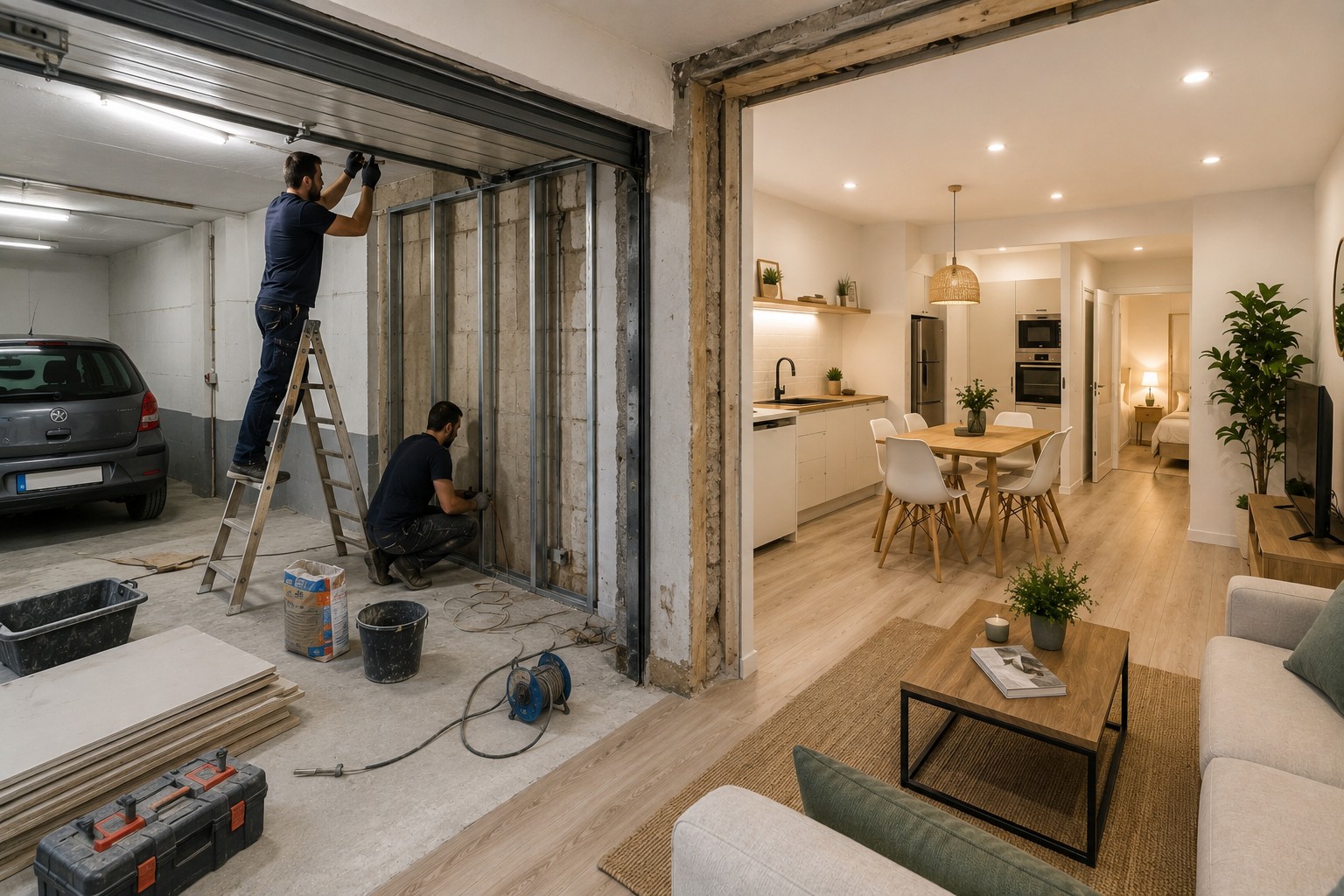 Transformación de un garaje para vehículos en vivienda moderna durante una reforma integral.