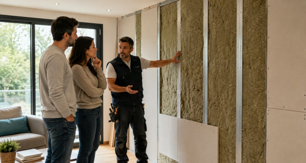 Mejora del aislamiento acústico en una vivienda con una pareja y un técnico revisando una reforma interior.