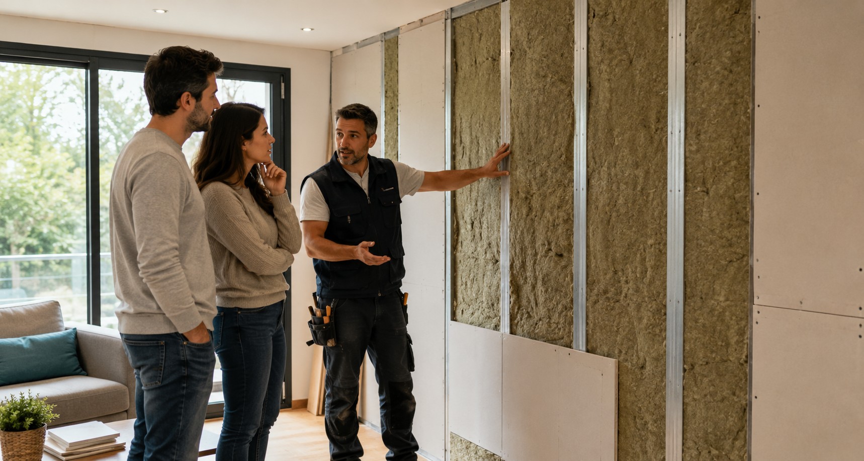 Mejora del aislamiento acústico en una vivienda con una pareja y un técnico revisando una reforma interior.