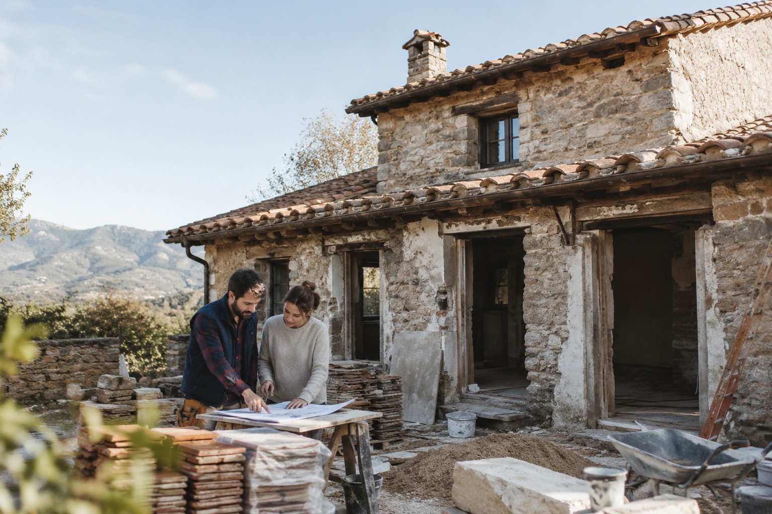 Personas revisando planos durante la rehabilitación de una casa rural de piedra en el campo