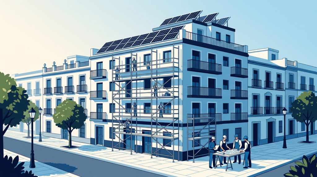 Ilustración vectorial de edificio con andamios y paneles solares en la cubierta