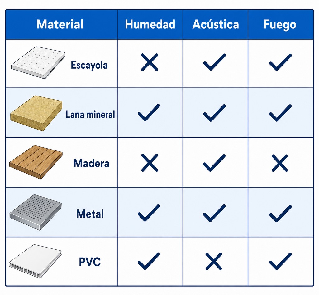 Tabla comparativa de materiales de falso techo: escayola, lana mineral, madera, metal y PVC con propiedades