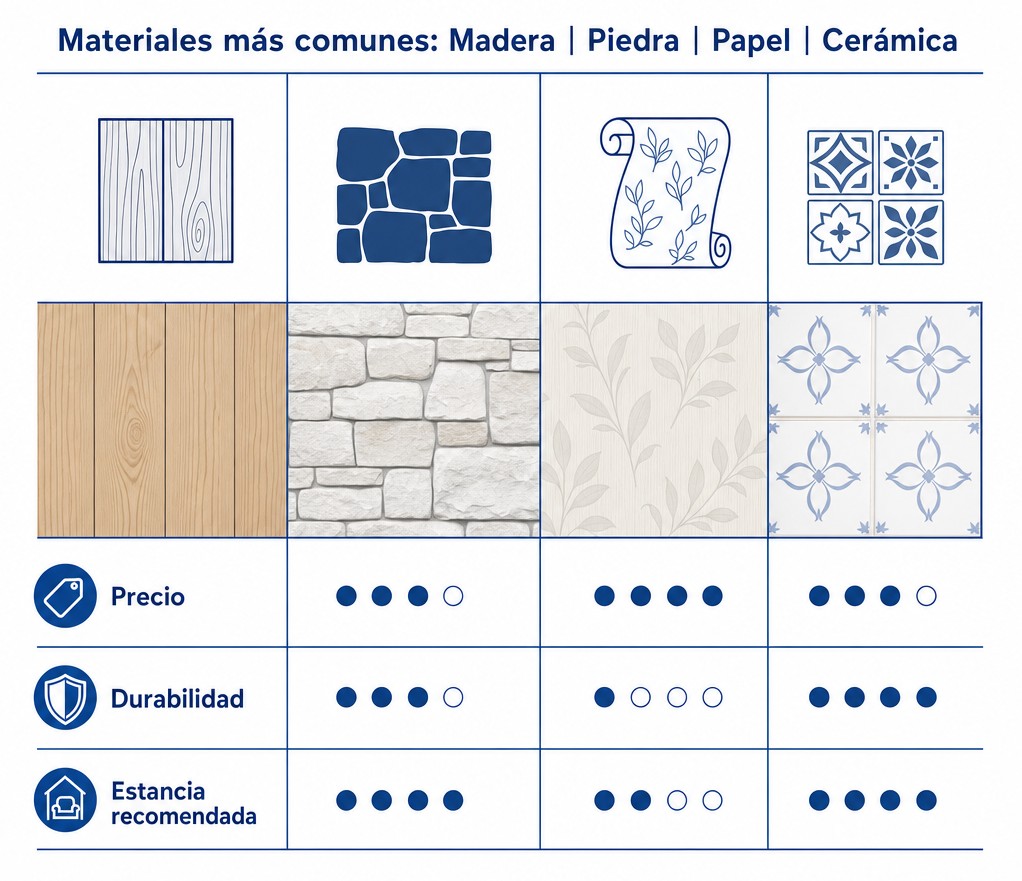 Tabla comparativa de materiales de revestimiento: madera, piedra, papel, cerámica con precio, durabilidad y estancia recomendada
