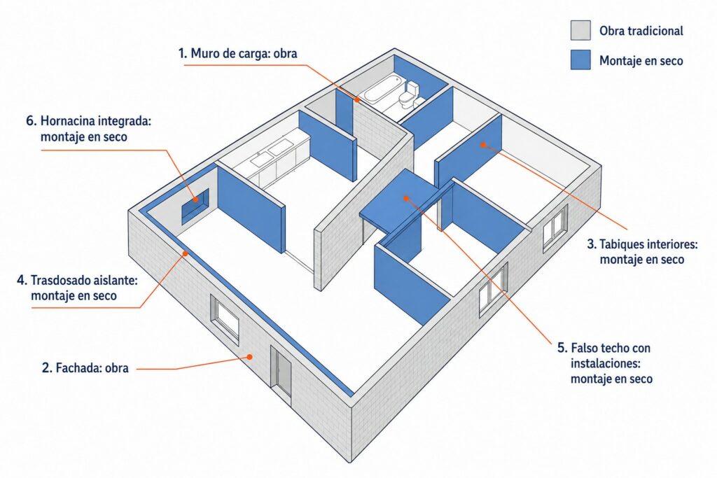 Vivienda en corte isométrico que señala qué elementos se resuelven con montaje en seco y cuáles con obra tradicional