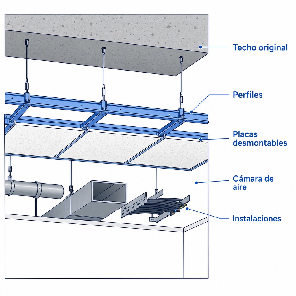 Esquema de estructura de falso techo desmontable con perfiles, placas, cámara de aire e instalaciones
