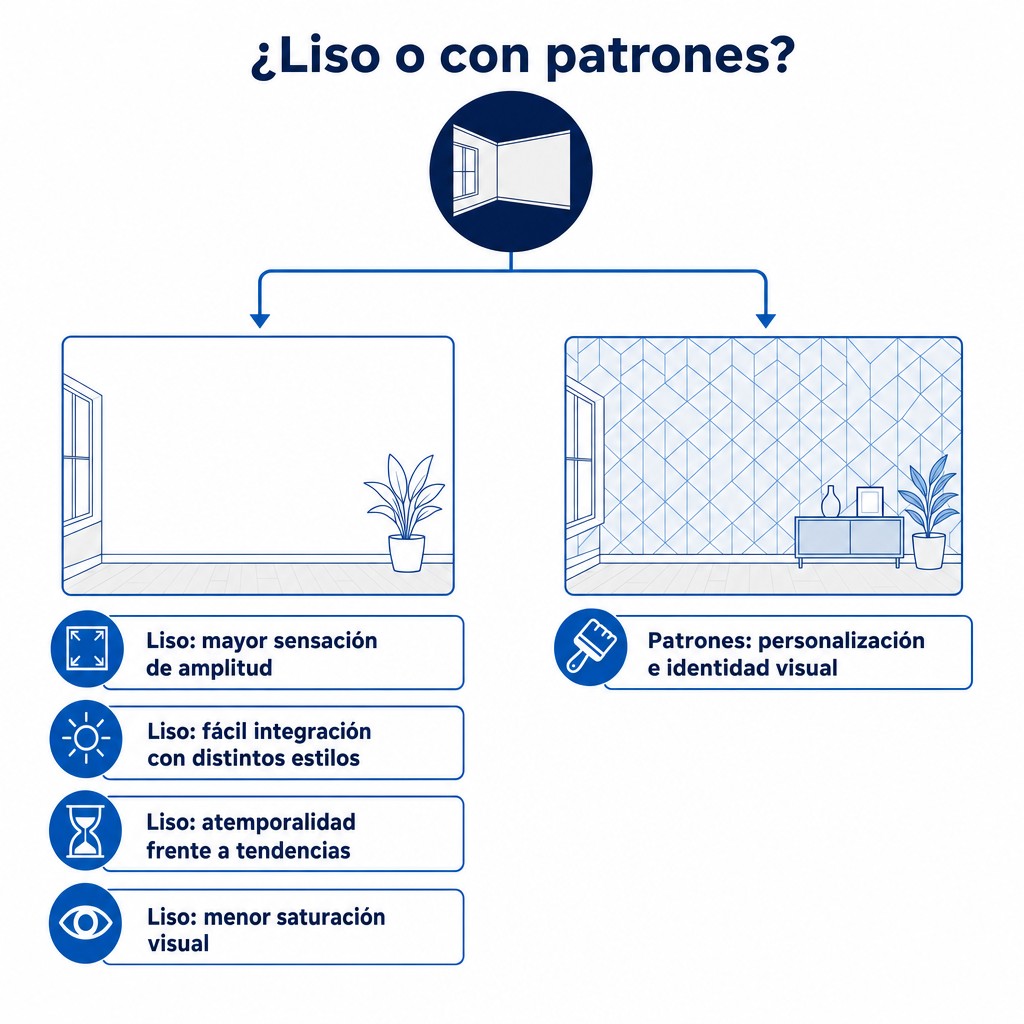 Diagrama de decisión para elegir revestimiento liso o con patrones según tamaño de estancia, luz natural y estilo decorativo
