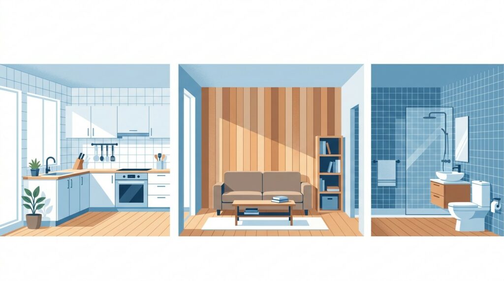 Vivienda reformada con distintos revestimientos murales por estancia: cocina con cerámica, salón con madera y baño con azulejo