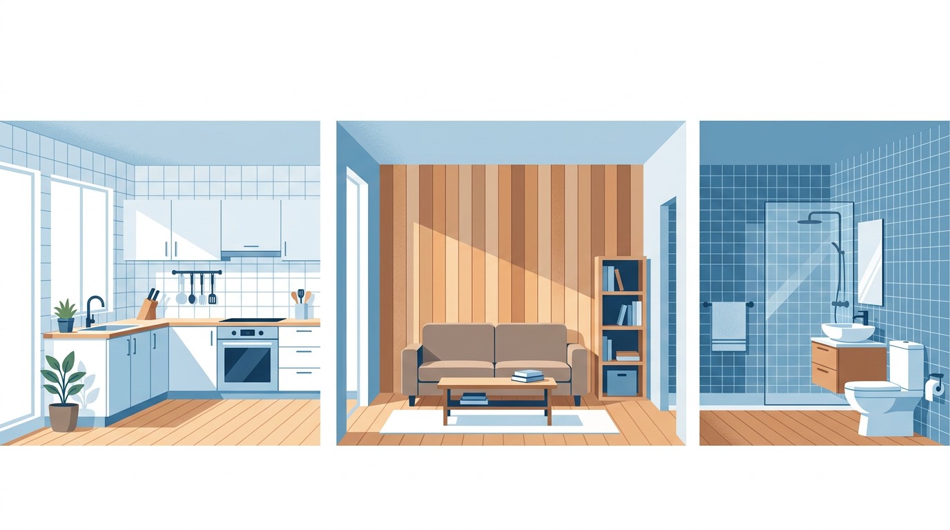 Vivienda reformada con distintos revestimientos murales por estancia: cocina con cerámica, salón con madera y baño con azulejo