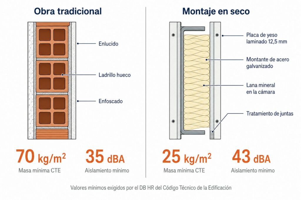 Sección comparada de un tabique de obra tradicional y uno de pladur con masa y aislamiento acústico mínimos según el CTE