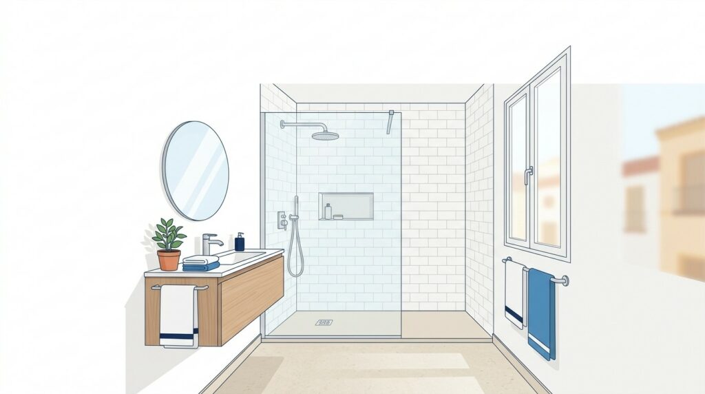 Baño pequeño reformado con ducha a ras de suelo, mampara de vidrio y suelo continuo claro