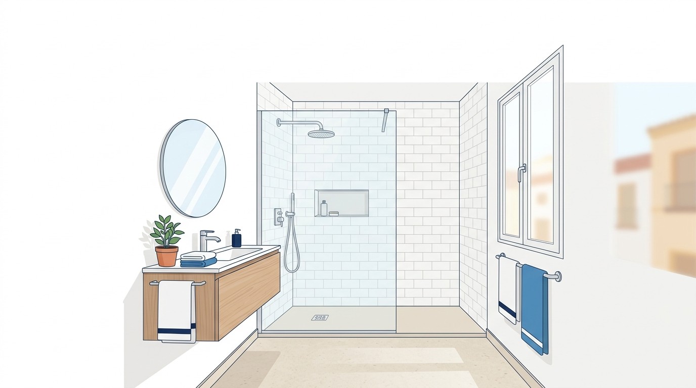 Baño pequeño reformado con ducha a ras de suelo, mampara de vidrio y suelo continuo claro
