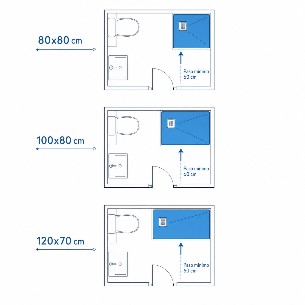 Medidas de plato de ducha para baño pequeño: 80x80, 100x80 y 120x70 cm, paso mínimo de 60 cm