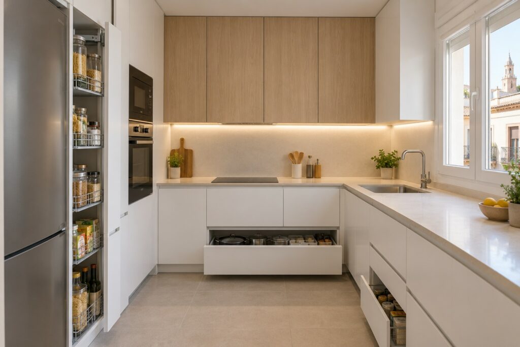 Cocina pequeña reformada con muebles hasta el techo y columna despensa extraíble en un piso de Sevilla