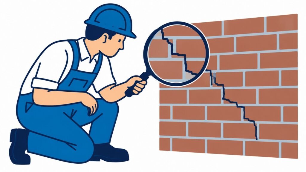 Técnico revisando con una lupa una grieta escalonada en una fachada de ladrillo visto