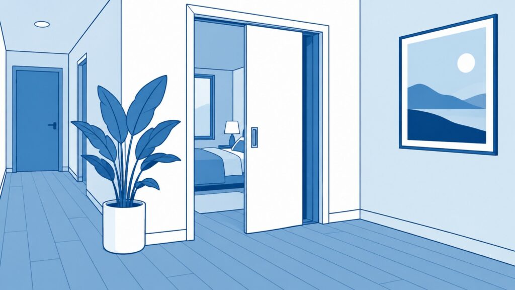 Puerta corredera empotrada a medio abrir que se desliza dentro del tabique